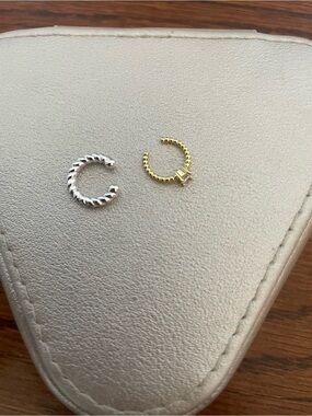 Silver Twisted Hoop & Gold Beaded Ear Cuffs - Set of 2